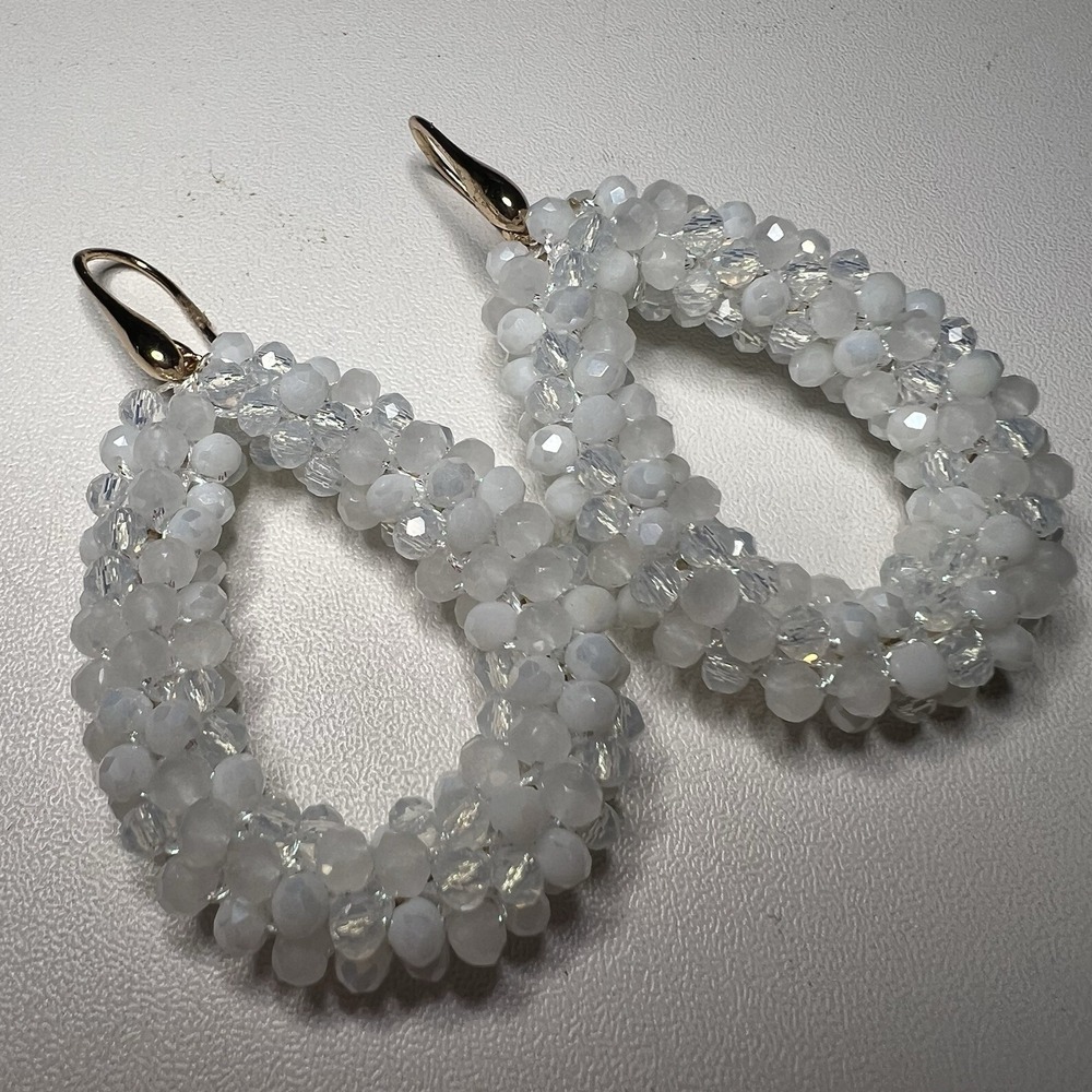 Vtg Boho Teardrop Iridescent Crystal Bead Gold Toned Handmade Earrings‎